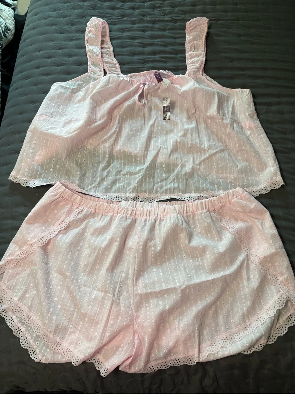 Adore Me Light Pink Eyelet Two-Piece Cotton Pajama Set